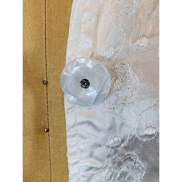 Vintage 1950s Satin Blouse White Embroidered Rhinestone Button Evening Top - Picture 4 of 10